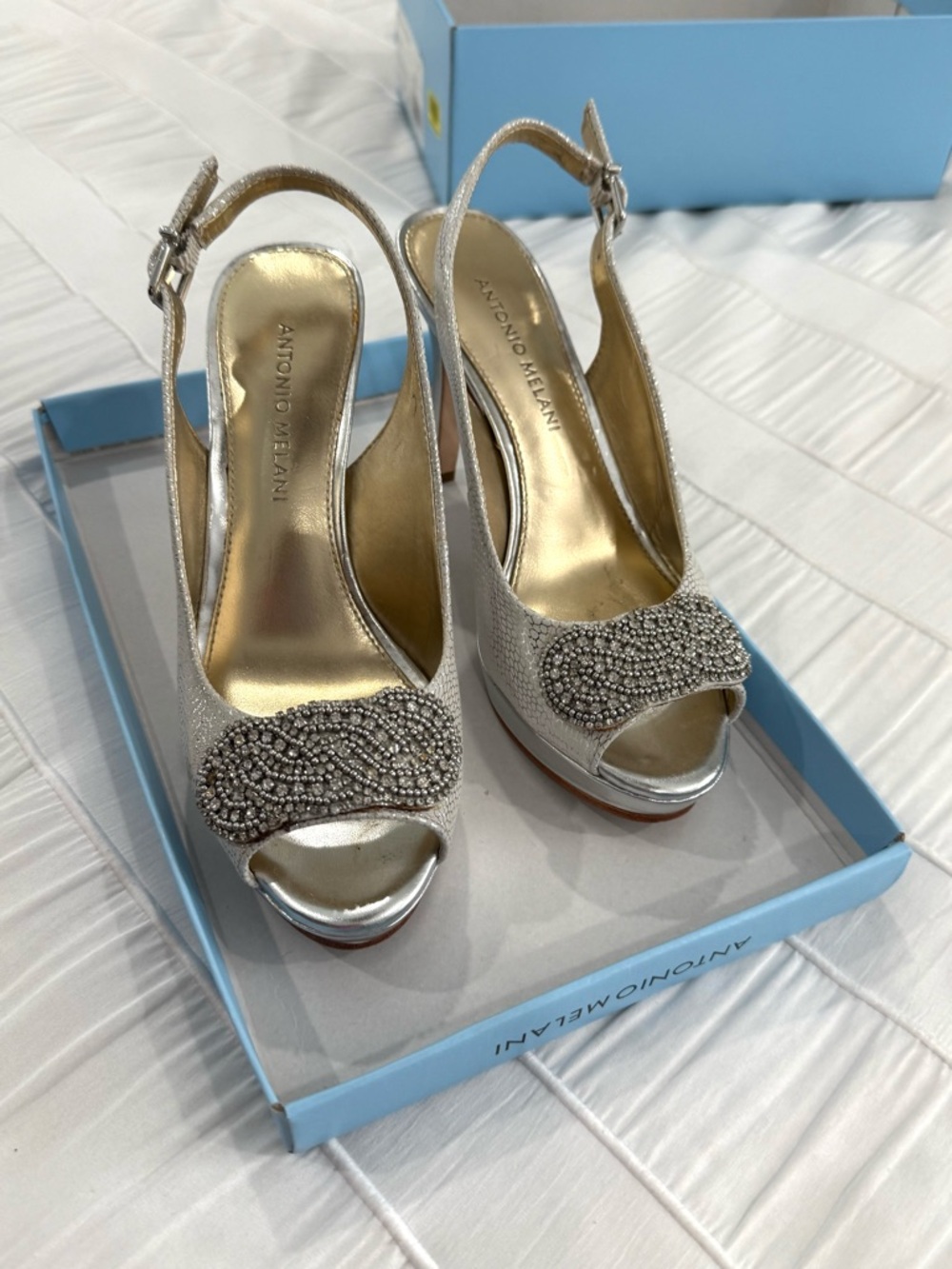 ANTONIO MELANI Silver Crystal-Embellished Slingback Peep-Toe Heels